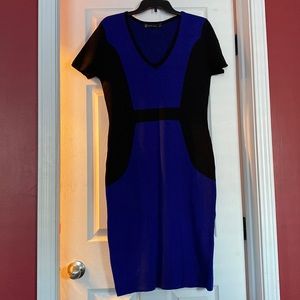 Blue and black shortsleeved sweater dress.